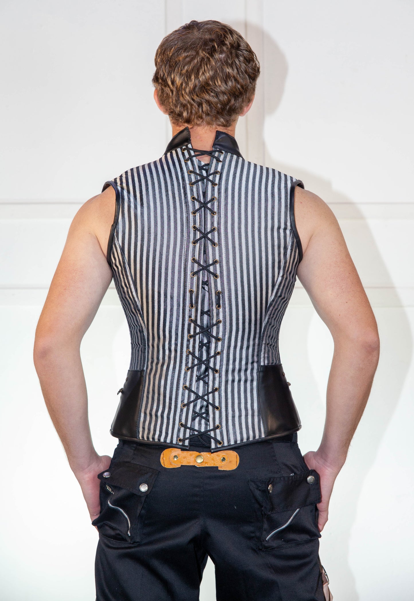 Corset - Black Striped Waistcoat with Leather