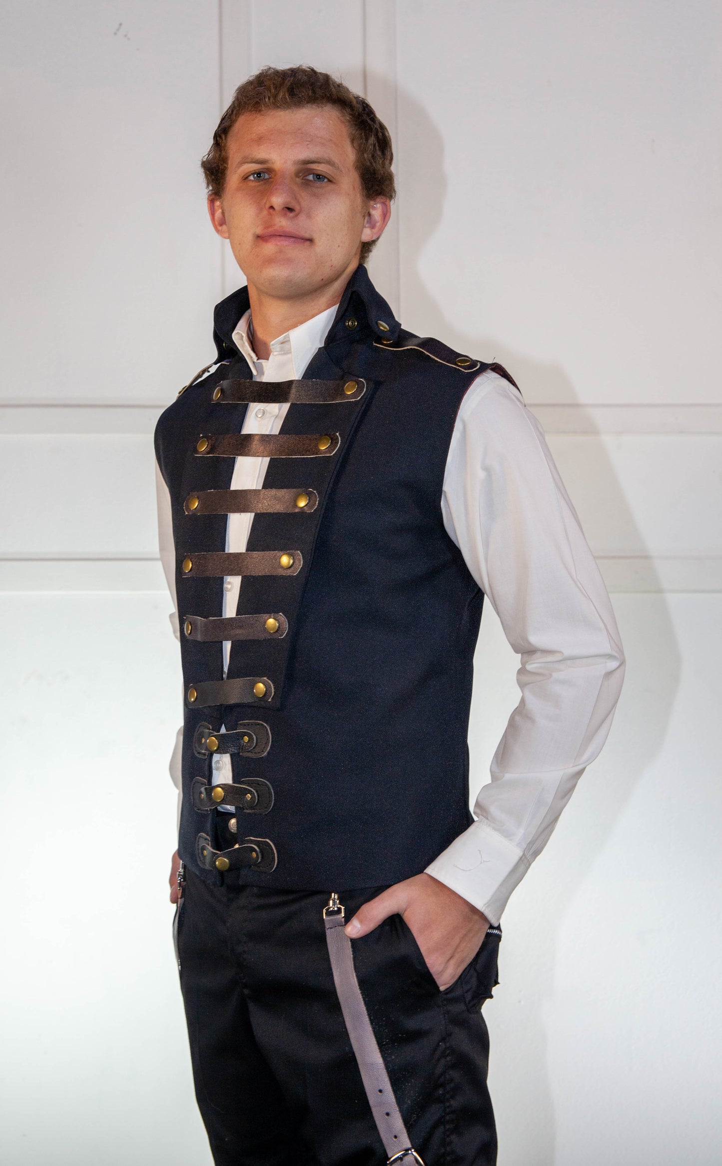 Waistcoat - Black with Brown Leather Straps