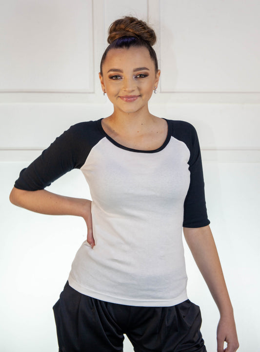 Ladies T-Shirt - White & Black 3/4 Sleeve