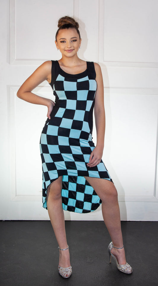 Summer Dress - High Low Checkered Light Blue & Black