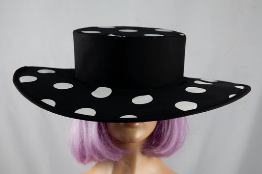 Durban July Fashion Hat - black with white spots on brim and top of crown
