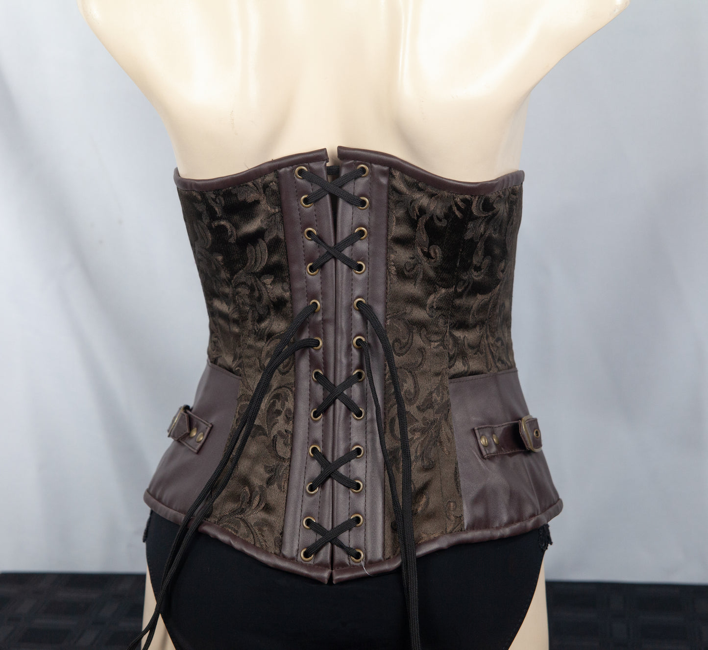 Corset - Brown Brocade & Brown PVC Stoompomp with Clasps