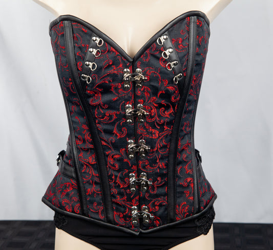 Corset - Red Brocade & Black Leather Stoompomp