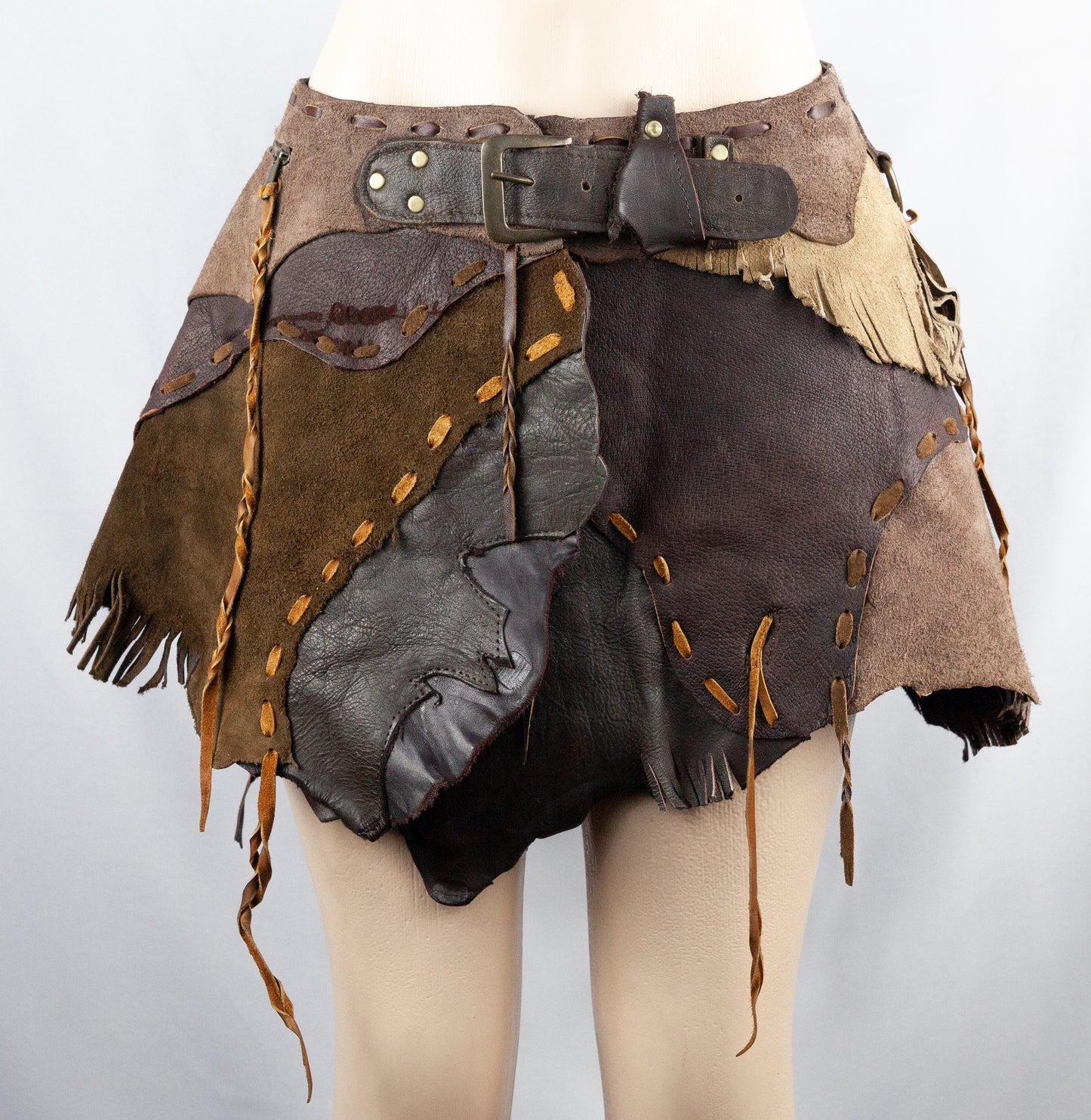 Tribal Boho Leather Skirt with Belt and Tassels