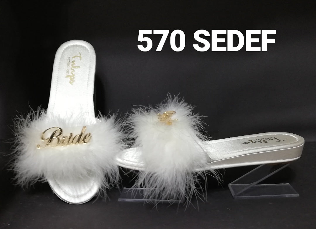 Bridal Slipper - White Feather with Gold Text