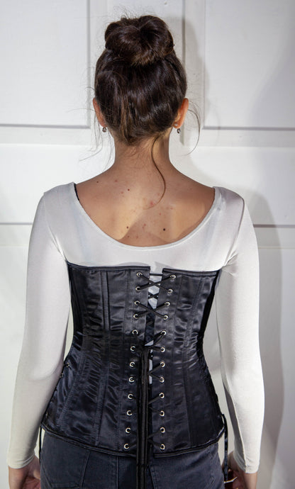 Corset - Long Black Satin Underbust with Side Laces