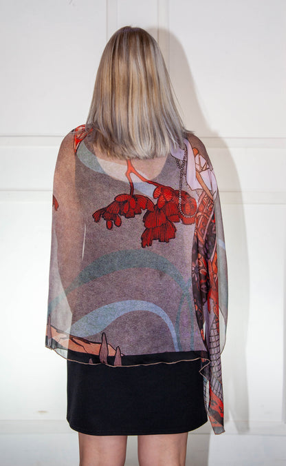 Poncho - Red & White Printed Silk