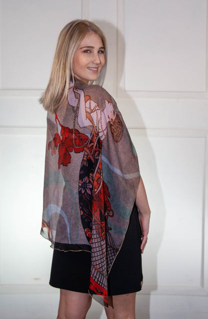 Poncho - Red & White Printed Silk