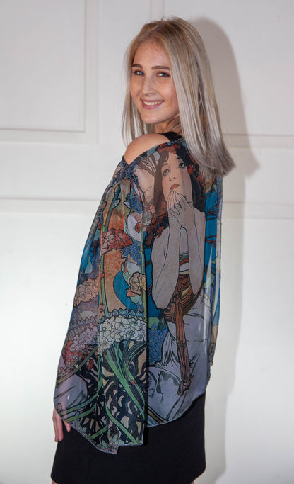 Poncho - Blue & White Printed Silk