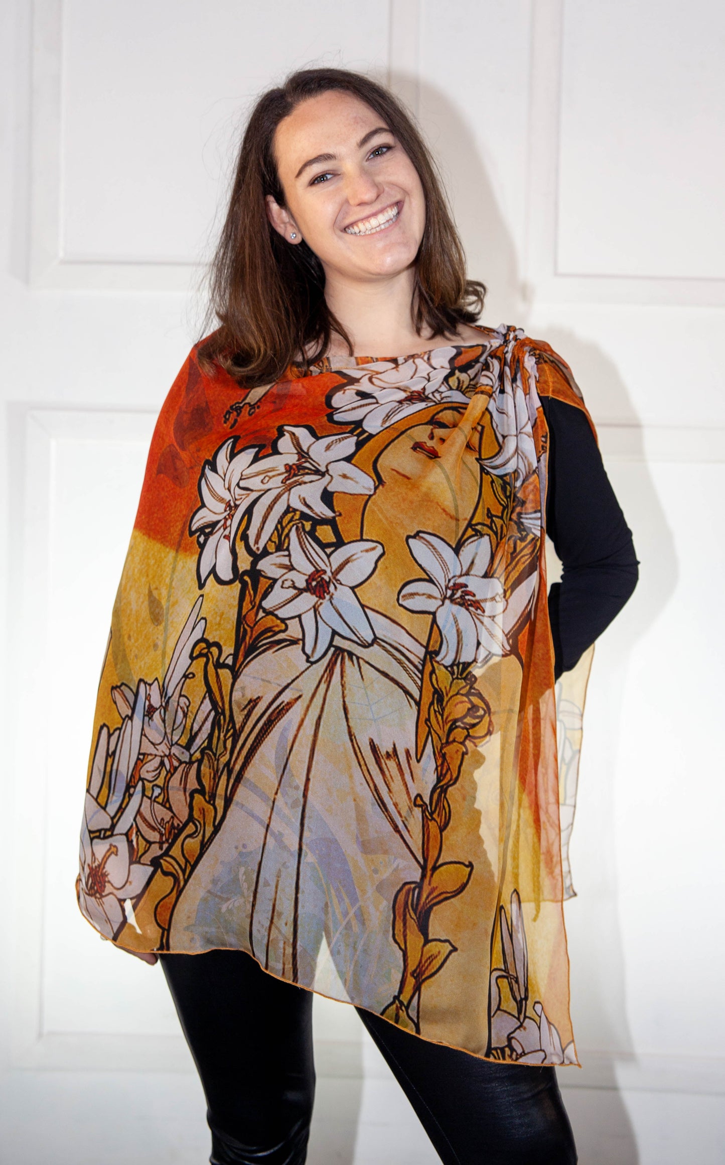 Poncho - Orange, White, Red, Floral Printed Silk