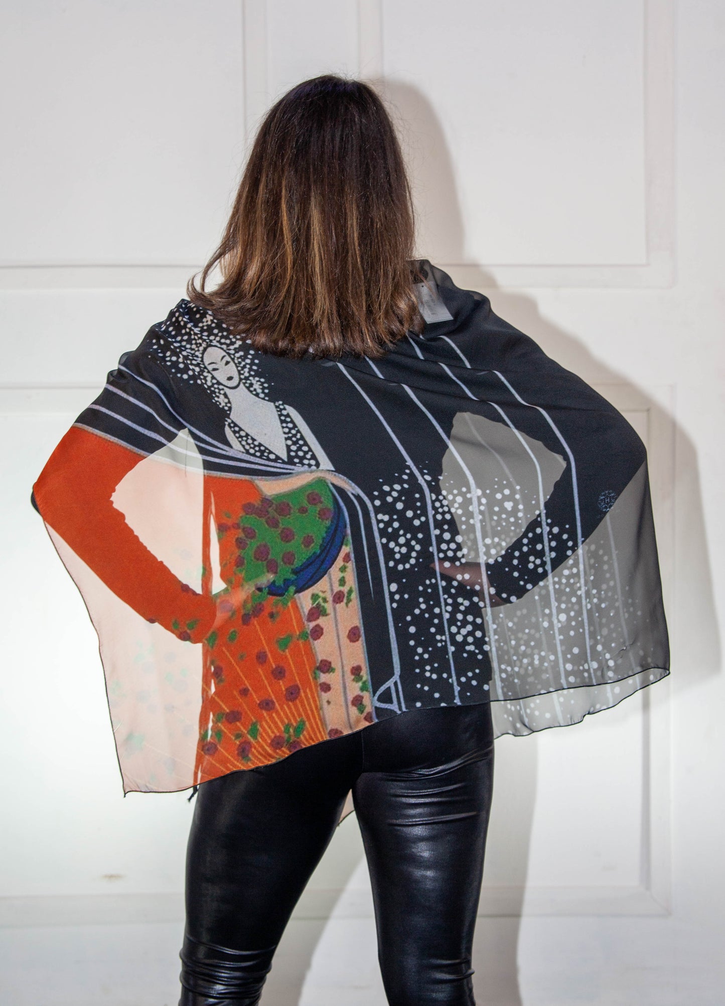 Poncho - Black, Orange & Green Printed Silk