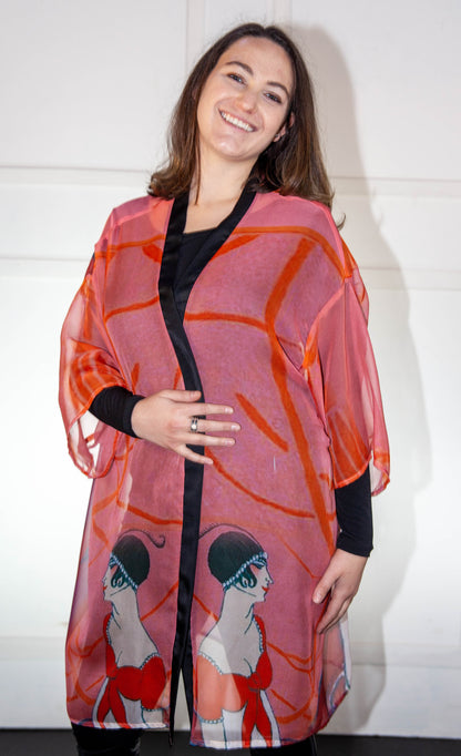 Kimono - Silk Printed Orange & Pink