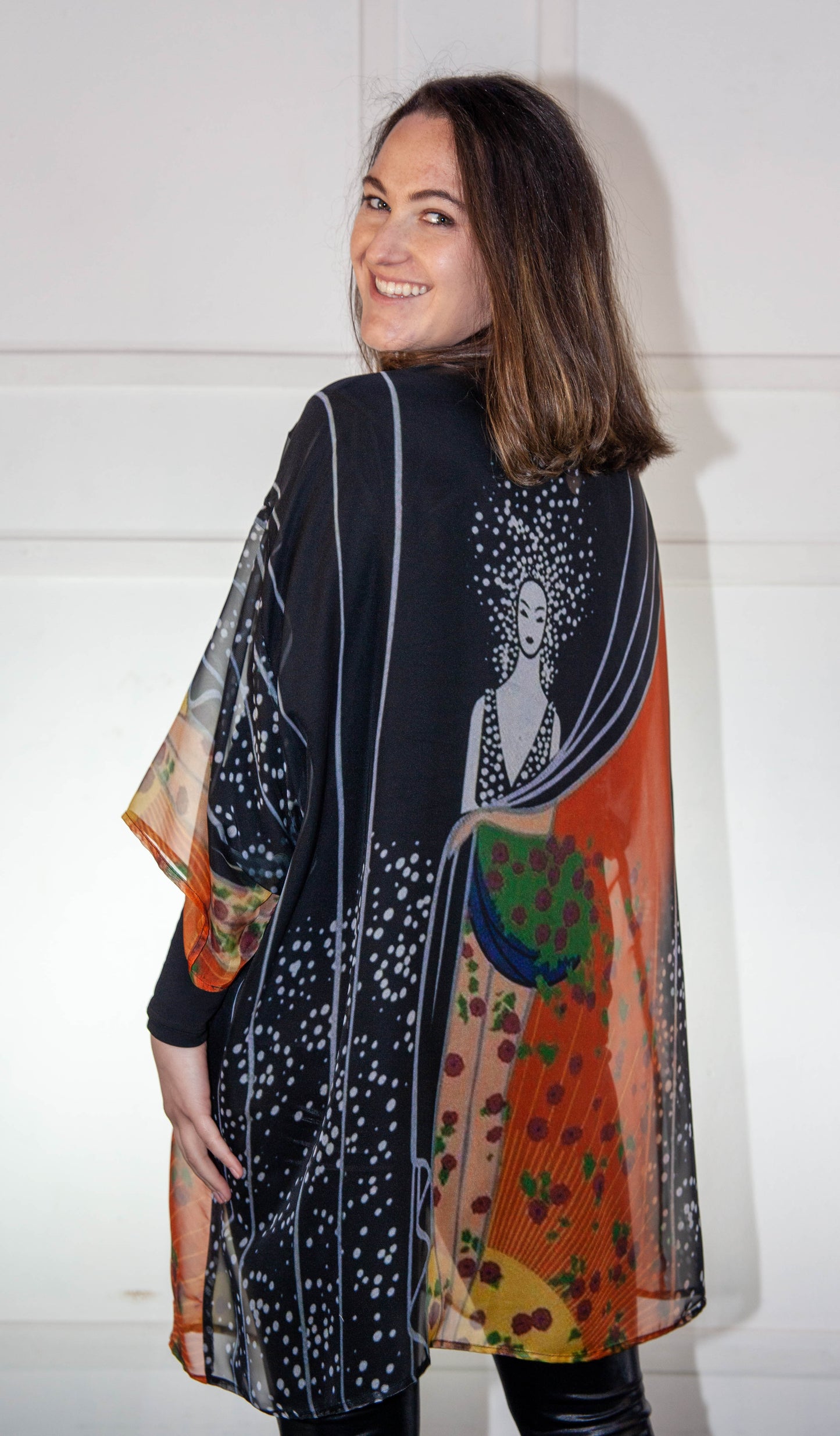 Kimono - White Orange & Black Printed Silk