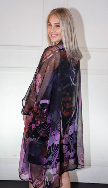 Kimono - Silk Printed Purple Red & Black Floral