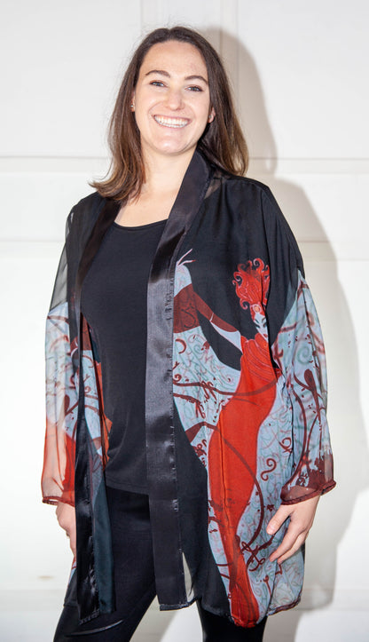 Kimono - Red, White & Black Printed Silk