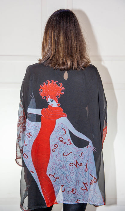 Kimono - Red, White & Black Printed Silk