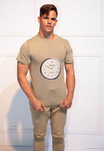 Mens T-Shirt - Stoompomp Khaki with Clock