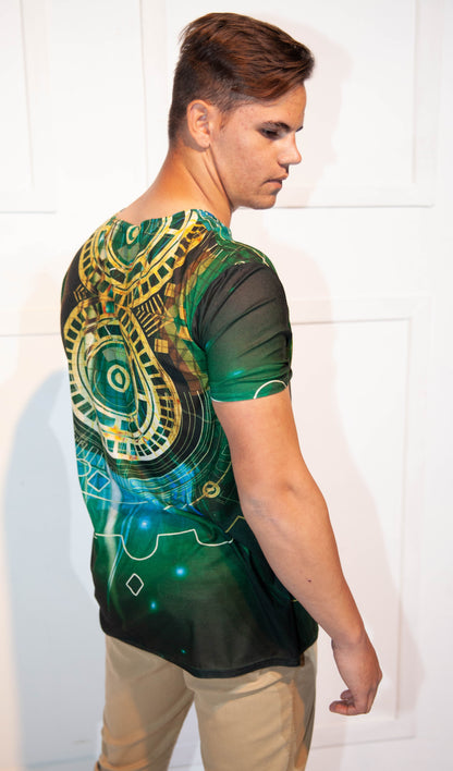 Mens T-Shirt - Stoompomp Cyberstorm Printed Green & Yellow Cogs