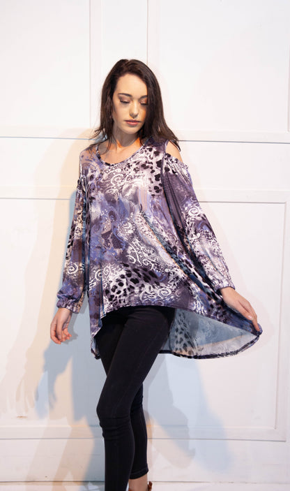 Open Shoulder Blouse with 3/4 Sleeves - Purple and White