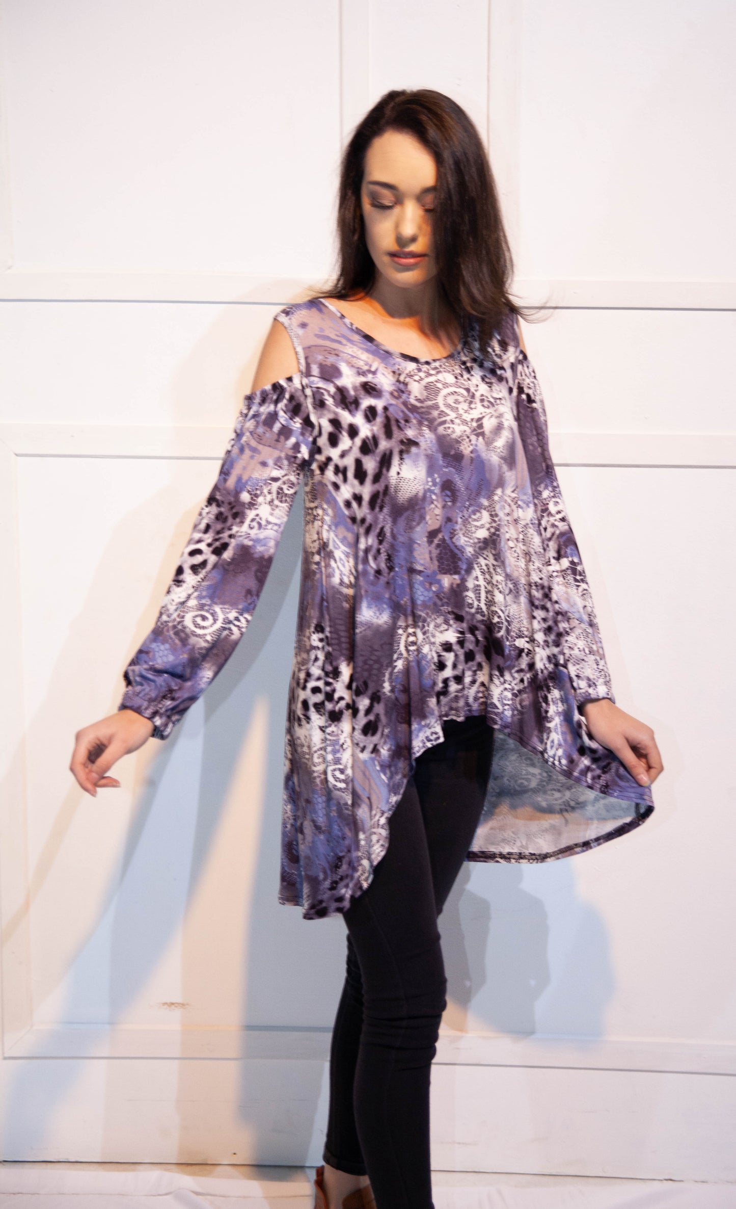 Open Shoulder Blouse with 3/4 Sleeves - Purple and White