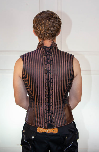 Corset - Brown Striped Waistcoat with Leather