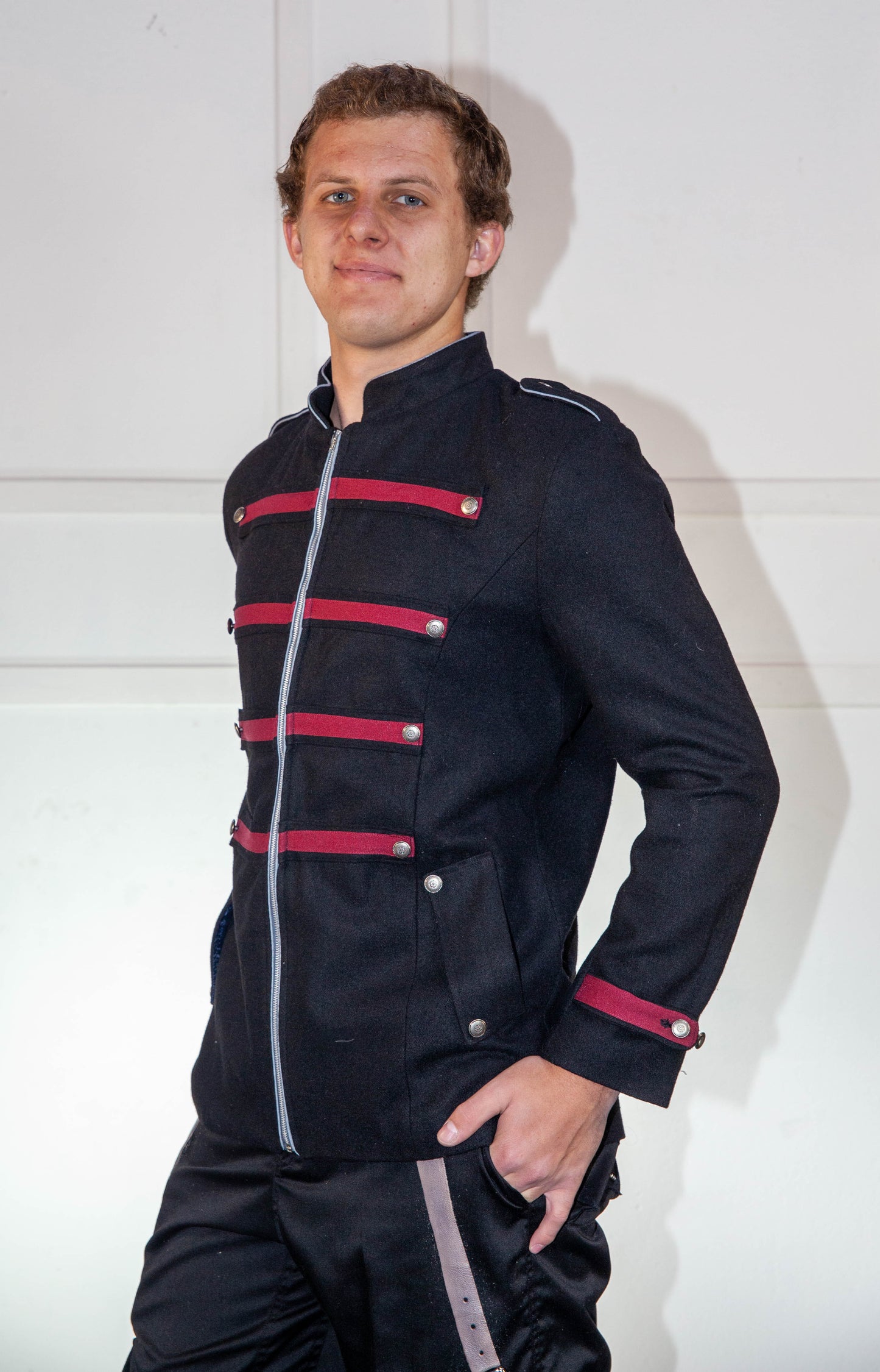 Military Jacket - Black & Red with Light Blue Trim
