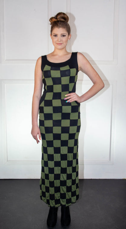 Summer Dress - Checkered Dark Green & Black