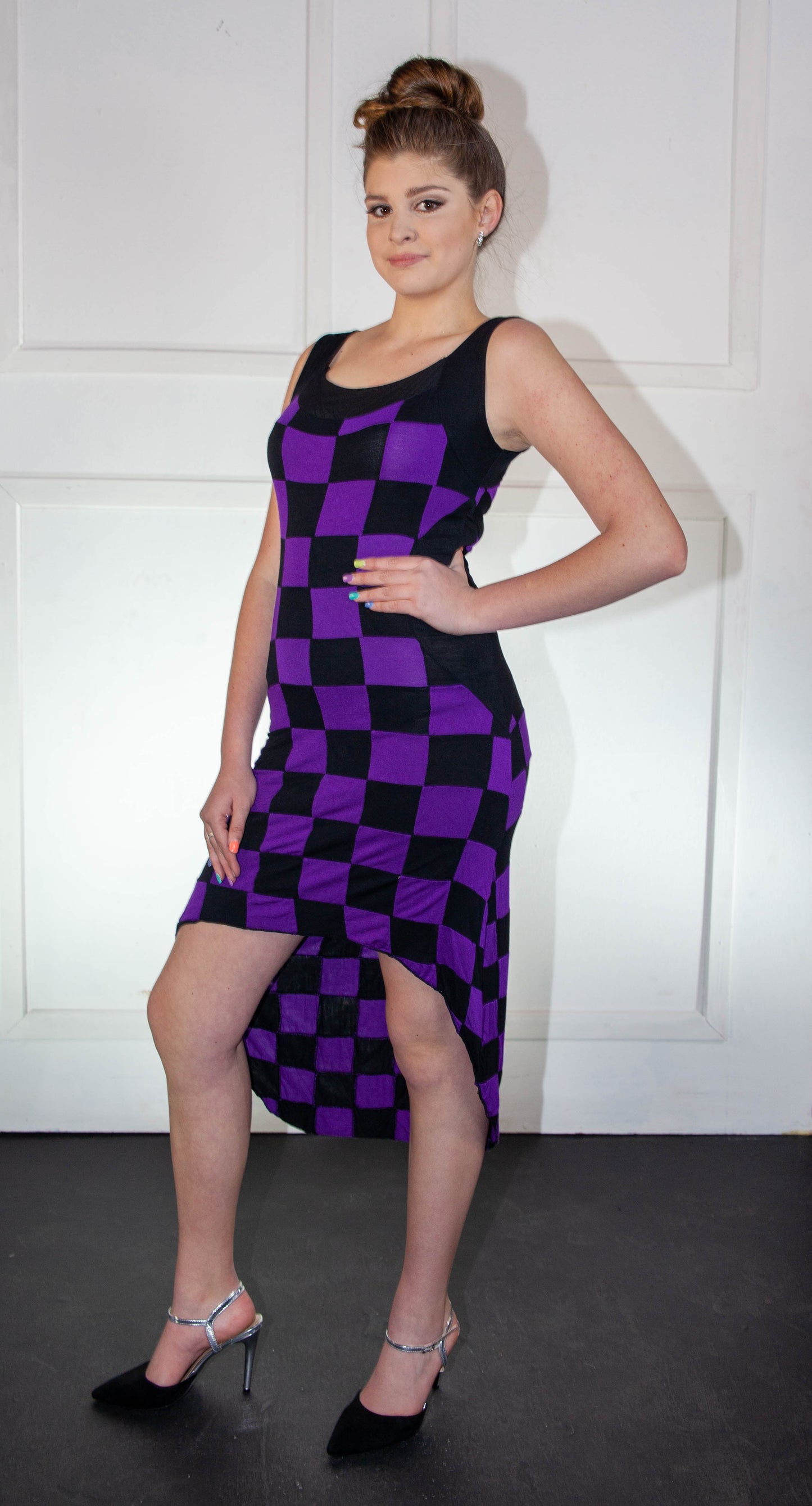 Summer Dress - High Low Checkered Purple & Black