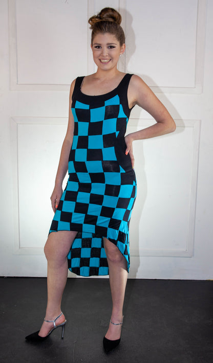 Summer Dress - High Low Checkered Turquoise & Black