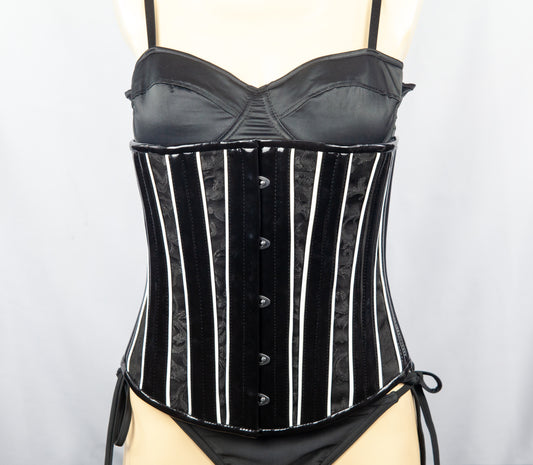 Corset - Black Brocade with Black & White Synthetic Leather