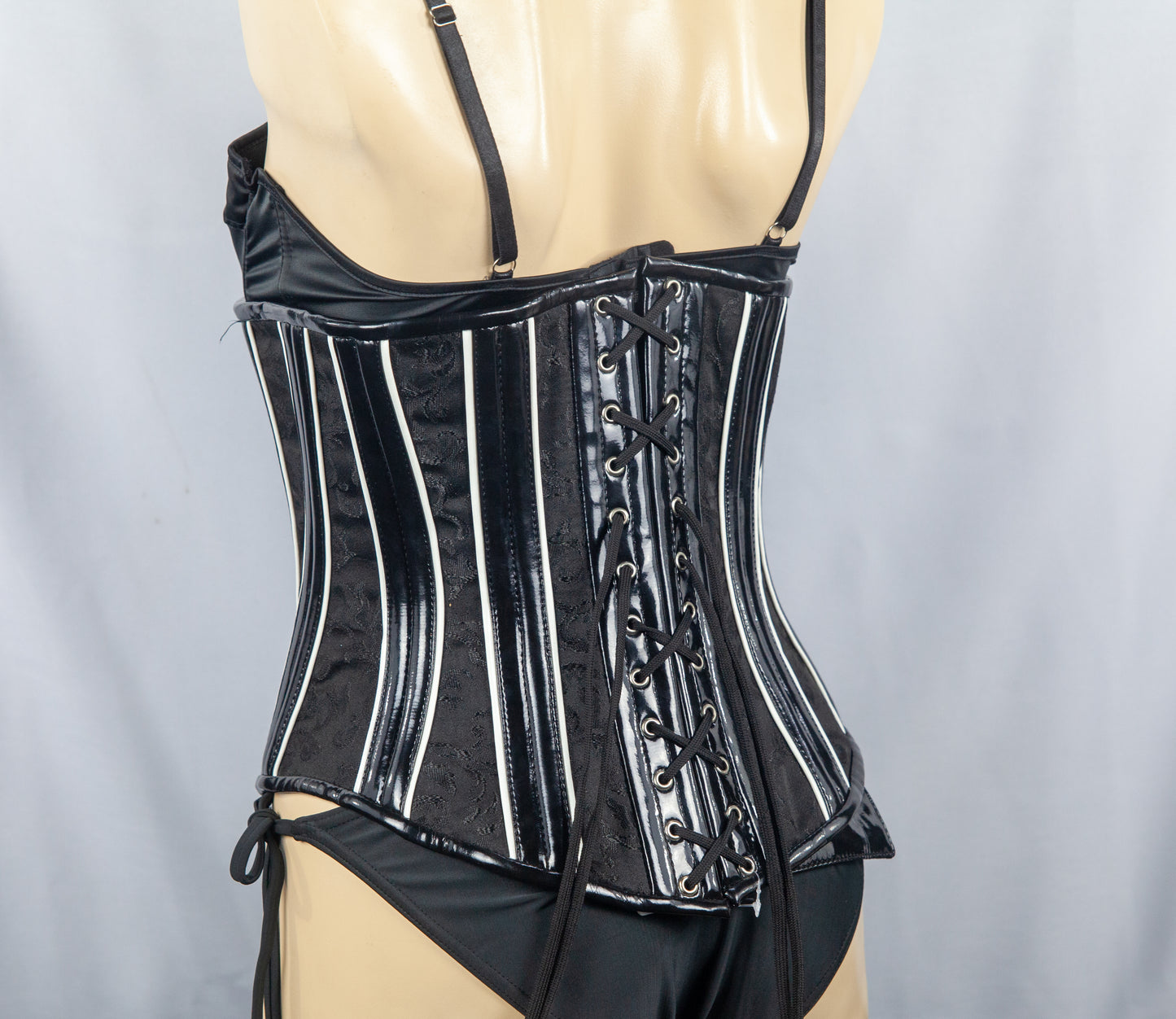 Corset - Black Brocade with Black & White Synthetic Leather