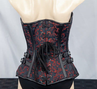 Corset - Red Brocade & Black Leather Stoompomp