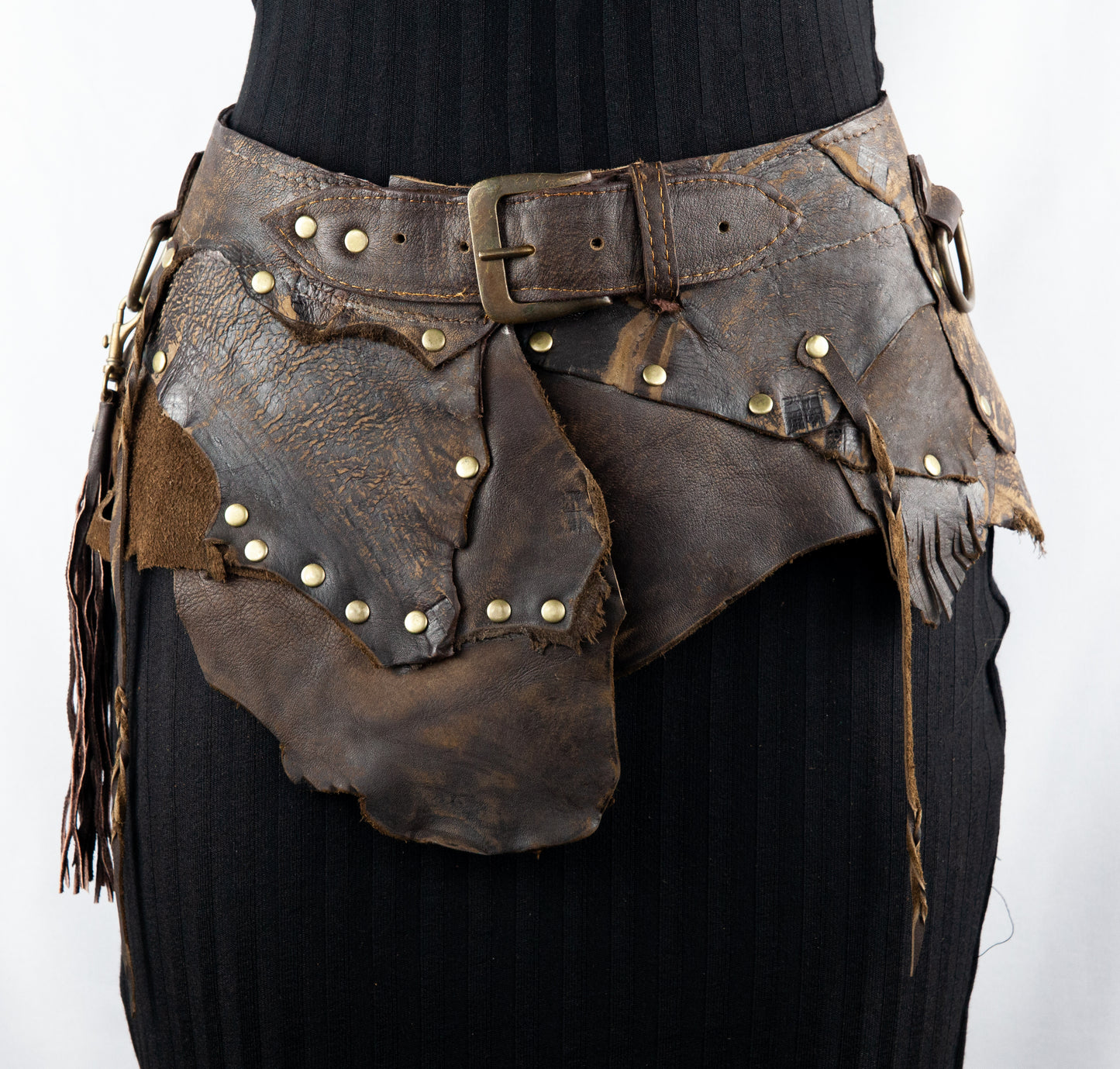 Tribal Boho Dark Leather Skirt with Belt