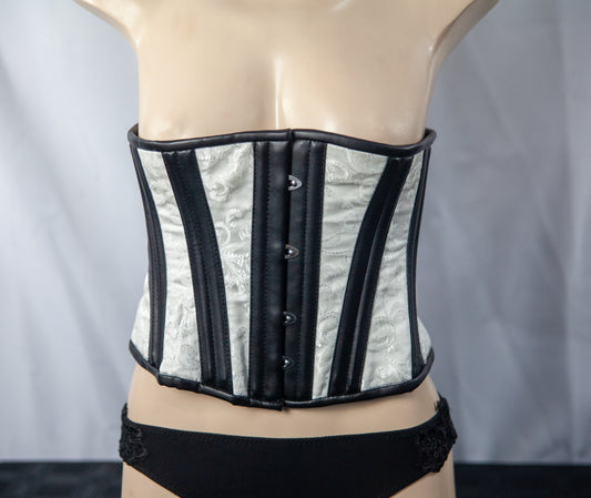 Corset - White Brocade & Black Leather Stoompomp